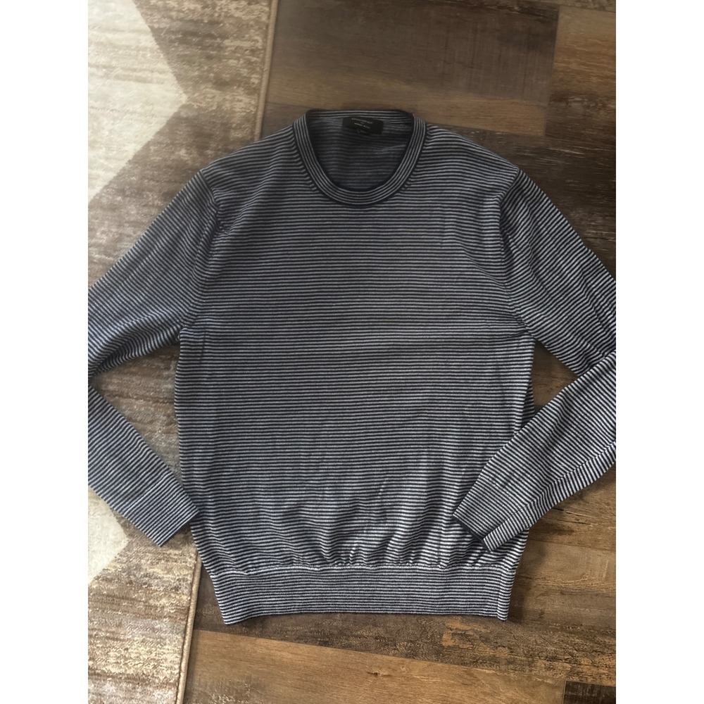 Banana Republic Mens Merino Wool Striped Crewneck Sweater Navy Grey Medium